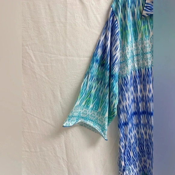 🌊 Vintage Blue Green Ikat Print Button Down Shirt | Boho Beachy Resort Top 🌊 - Picture 7 of 7